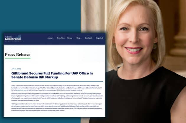 Die Presseerklärung der US-Senatorin Kirsten Gillibrand (r.) zur Finanzierungssicherheits der AARO für 2024 Copyright/Quelle: gillibrand.senate.gov