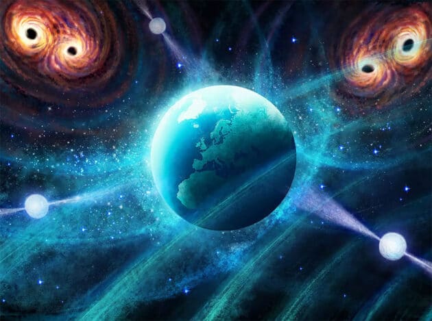 Künstlerische Darstellung eines Pulsar Timing Experiments (Illu.) Copyright/Quelle: Daniëlle Futselaar (artsource.nl) / MPIfR