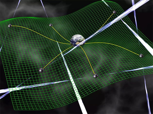 Konzept eines Pulsar-Timing-Arrays: Ein Ensemble von Millisekunden-Pulsaren in verschiedenen Richtungen von der Erde aus gesehen wird systematisch beobachtet. Aufgrund der Präzision ihrer Pulsperiode und ihrer Verteilung am Himmel stellen diese Pulsare einen Gravitationswellendetektor dar, der große Entfernungen in der Milchstraße abdeckt, um so Gravitationswellen im Nanohertzbereich erfassen zu können.Copyright: David Champion / MPIfR