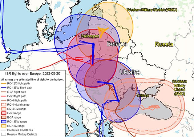 The operational area of the ISR assets of NATO on 05/20/2022.Source: Key.aero / Amelia Smith