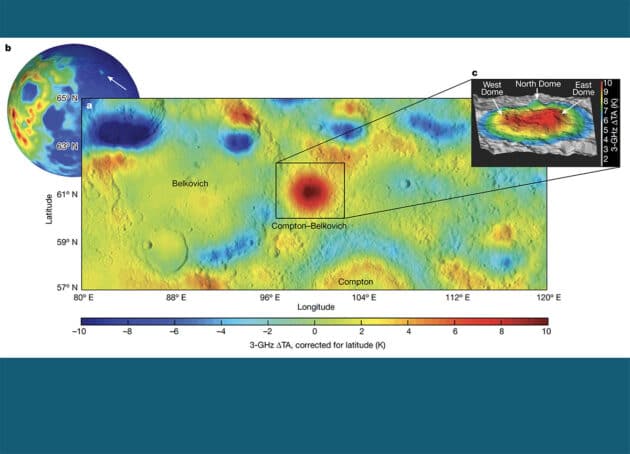 Zwischen den Kratern Compton-Belkovich auf der erdabgewandten Mondseite zeichnet sich eine radioaktive Wärmeanomalie ab. Copyright/Quelle: Siegler et al., Nature 2023