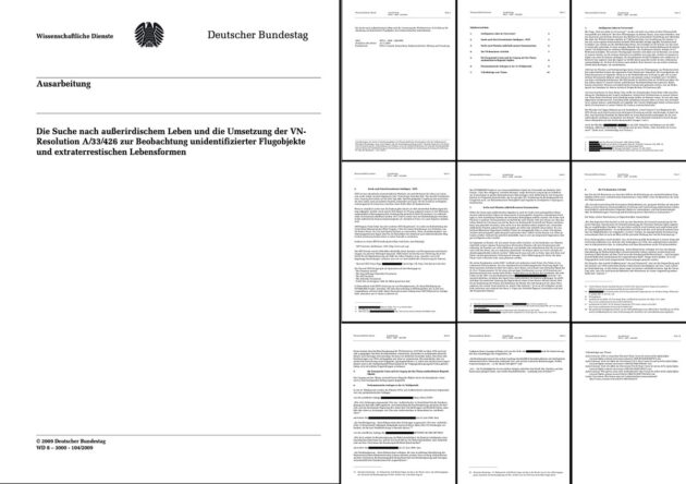 Ansicht der Ausarbeitung WD 8–3000 -104/2009 der Wissenschaftlichen Dienste des Bundestages zum Thema „Die Suche nach außerirdischem Leben und die Umsetzung der VN-Resolution A/33/426 zur Beobachtung unidentifizierter Flugobjekte und extraterrestrischen Lebensformen“ . Copyright: Wissenschaftliche Dienste (WD) Deutscher Bundestag