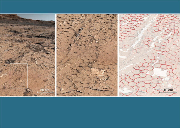Hexagonales Trockenrissmuster am Arbeitsort „Pontours“ des Mars-Rovers „Curiosity“. Copyright: NASA / Rapin et al., Nature (2023).
