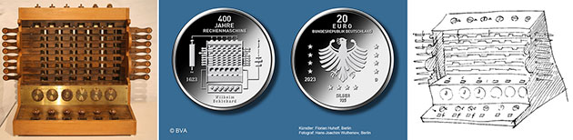 Aktuell ehrt die Bundesregierung Schickards Erfindung (links ein moderner Nachbau, rechts Schickards Originalskizze) mit einer 20-Euro-Sondermünze „400 Jahre Rechenmaschine von Wilhelm Schickard“ (Mitte) Quelle: BVA (Münze), WikimediaCommons / Gemeinfrei