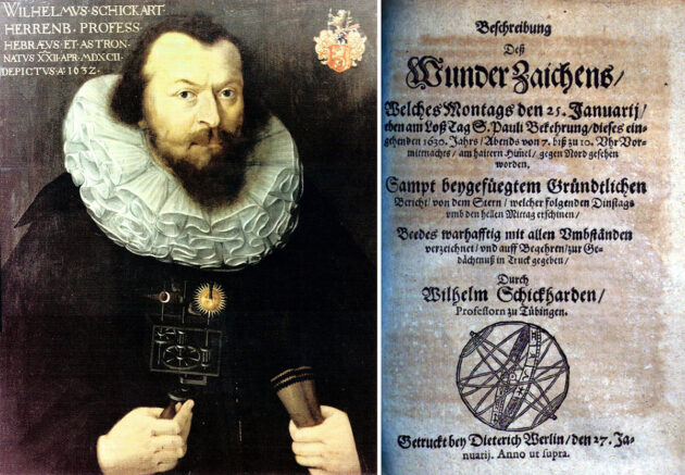 Wilhelm Schickard porträtiert von C. Melperger 1632 neben dem Titelblatt seiner "Wunder-Zaichens"-Schrift Quelle: Porträt: Tübinger Professorengalerie (WikimediaCommons) / Gemeinfrei