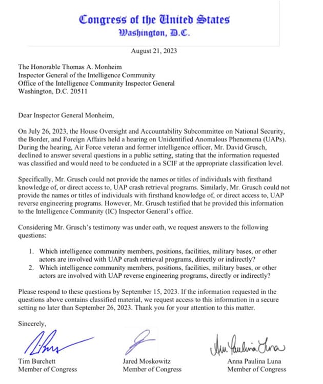 Das Schreiben des neuen UAP Caucus an den Generalinspekteur der US-Geheimdienste.Quelle: burchett.house.gov