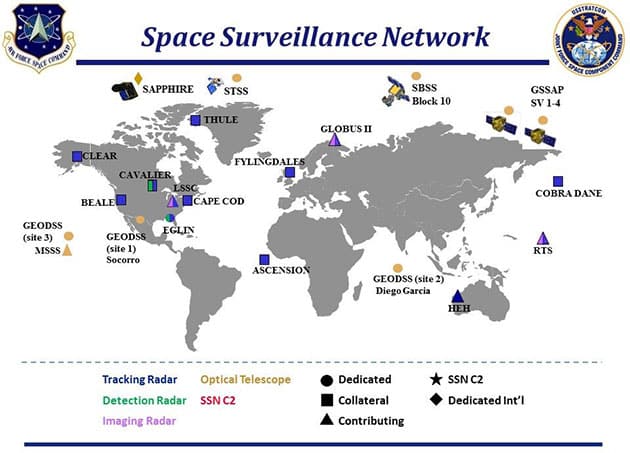 Weltkarte der Stationen des „Space Surveillance Network“.Copyright/Quelle: U.S. Military / Department of Defense