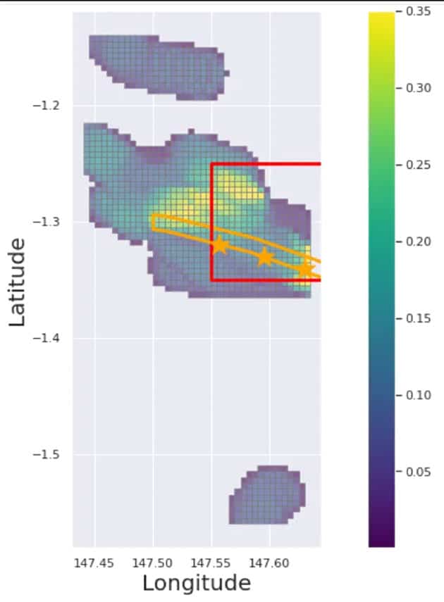 Heatmap der Sphärulendichte (Anzahl pro analysierte Materialmasse in Gramm). Unter der Annahme, dass der erste Ausbruch der Feuerball-Lichtkurve am Anfang von Lauf 4 stattfand, haben wir drei Sterne für die Positionen der drei Ausbrüche platziert. Die Farbskala ist in dieser Visualisierung auf maximal 0,35 begrenzt. Jedes gefärbte Pixel in der Heatmap entspricht 0,555 Kilometer auf jeder Seite.Copyright/Quelle: Avi Loeb