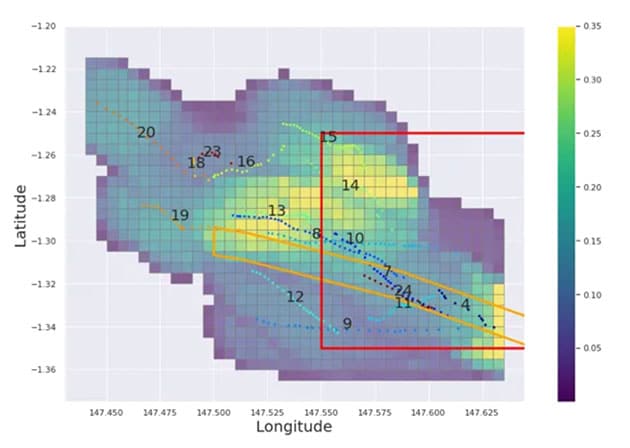 Vergrößerung der um den vorhergesagten IM1-Pfad (orangefarbenes Kästchen) und die DoD-Fehlerregion (roter Rahmen) abgetasteten Region. Zur Orientierung stellen die Punkte die GPS-Aufzeichnungen der Schiffsroute in verschiedenen nummerierten Läufen dar.Copyright/Quelle: Avi Loeb
