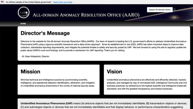 Screenshot der neuen Internetseite der US-UFO/UAP-Untersuchungsbehörde „All-domain Anomaly Resolution Office“ (AARO). Copyright/Quelle: aaro.mil