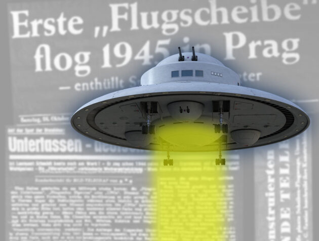 Grafische Darstellung einer sog. „Reichsflugscheibe“ vor dem Hintergrund einiger Pressemeldungen aus den 1950-er Jahren (Illu). Copyright: grewi.de, Flugscheiben-Grafik: Jazella (via Pixabay.com) / Pixabay License