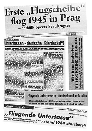Schlagzeilenspiegel über „Deutsche Untertassen“ und „Flugscheiben“ im bundesdeutschen Blätterwald, Mitte der 1950-er Jahre (Auswahl).