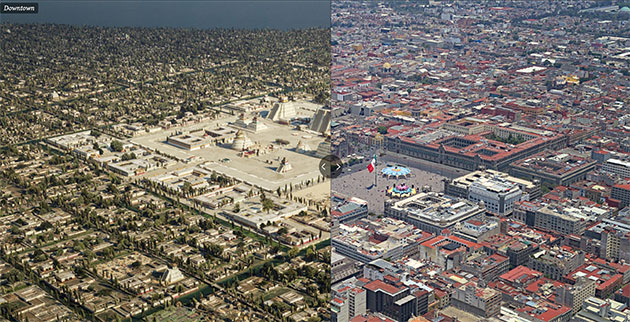 Die Screenshot der Webseite „A portrait of Tenochtitlan“ zeigen rekonstruierte Ansichten des alten Tenochtitlán, die mit interaktiven Reglern mit dem modernen Mexiko-Stadt vergleichen werden können.Copyright/Quelle: Thomas Kole, tenochtitlan.thomaskole.nl