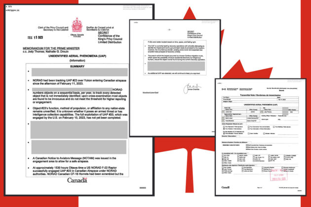 Ansichten des veröffentlichten geheimen Memo an den kanadischen Premierminister Justin Trudeau über den Abschuss eines unidentifizierten Flugobjekts über Kanada im Februar 2023. Copyright: Canada Gov.