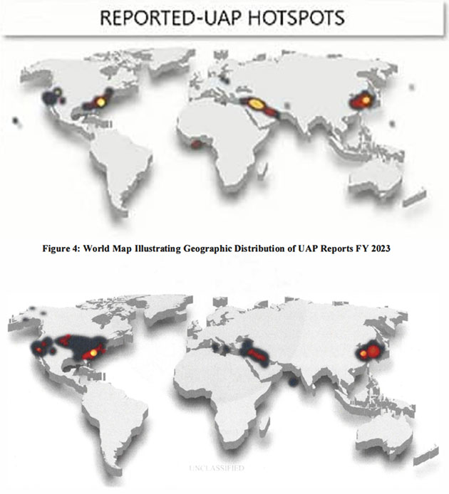 Weltkarte der UAP/UFO-Hotspot basierend auf den Meldungen an das AARO. Stand 21.05.2023 oben, Stand 19. Oktober 2023 unten.)Quelle: Dept. of Defense, AARO.mil (Komb. grewi.de)