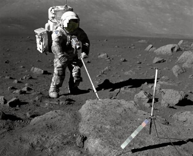 Apollo-17-Astronaut Harrison Schmitt beim Einsammeln von Bodenproben auf dem Mond. Copyright: NASA