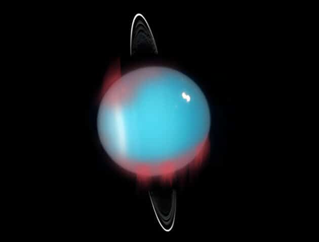 Künstlerische Darstellung einer nördlichen Infraro-Aurora auf Uranus. Copyright: NASA, ESA and M. Showalter