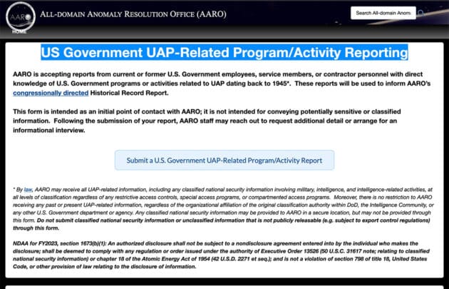 Screenshot des „US Government UAP-Related Program/Activity Reporting“-Systems der US-UFO-Untersuchungsbehörde AARO. Copyright: aaro.mil