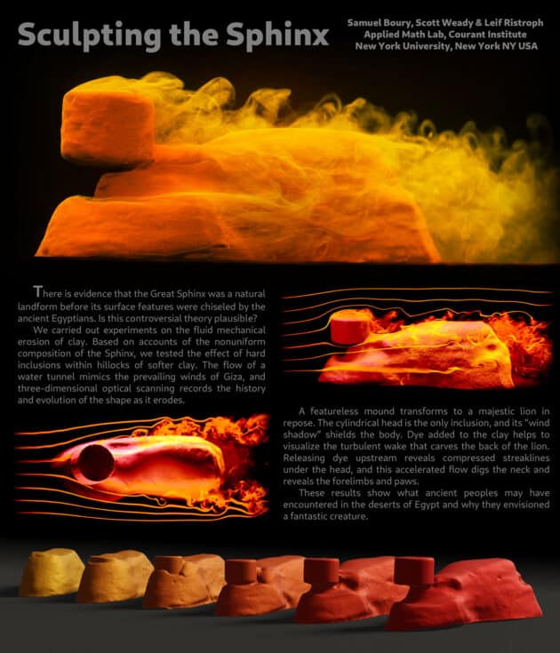 Das im Labor durch Strömungen aus einem zuvor unförmigen Block (unten) erzeugte Sphinx-Modell. Copyright/Quelle: NYU's Applied Mathematics Laboratory