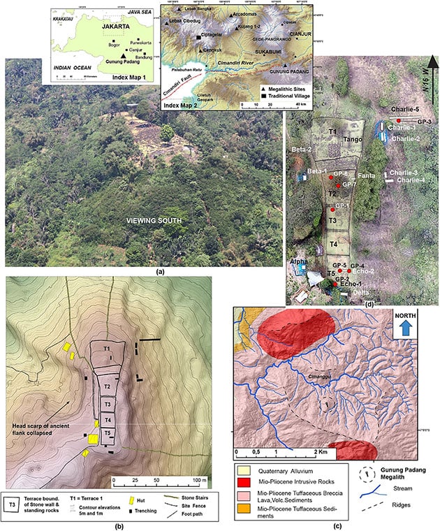 a) Luftaufnahme von Gunung Padang aus einem Hubschrauber aufgenommen. (b) Topographie- und Standortkarte. (c) Geologische Karte der Region Gunung Padang (Sudjatmiko, 1972). (d) Orthofotokarte, die aus einer Drohnenvermessung aus dem Jahr 2014 stammt und die Standorte von Grabungsstellen (weiße Rechtecke) und Kernbohrstellen (rote Punkte) anzeigt. T1, Terrasse 1; T2, Terrasse 2; T3, Terrasse 3; T4, Terrasse 4; T5. (Klicken Sie auf die Bildmitte, um zu einer vergrößerten Darstellung zu gelangen.)Quelle: Danny Hilman Natawidjaja et al., Archaeological Prospection (2023)