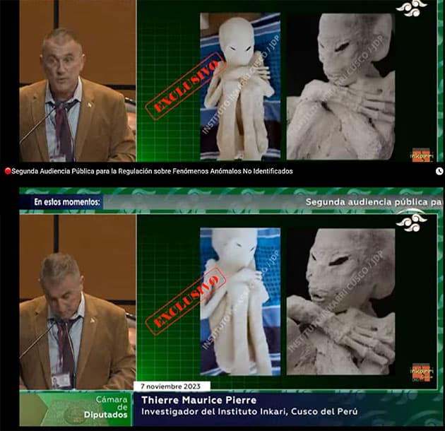 Im Rahmen der Anhörung am mexikanischen Kongress wurden kurzzeitig auch Aufnahmen einer bislang noch nicht gezeigten „weißen Nazca-Mumie“ gezeigt, die diesmal noch mehr dem Alien-Stereotyp entspricht.Quelle: Canal del Congreso México (Youtube)