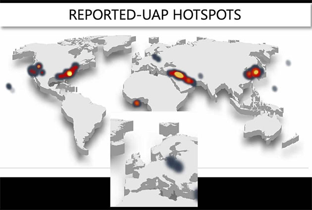 Noch im Juni 2023 wies die AARO-Weltkarte zu „Reported UAP-Hotspots“ auch eine Region verstärkter UAP-Detektionen und -Berichte über Ostpolen aus.Quelle: Copyright: AARO/Dept. of Defense/US Gov. (bearb. grewi.de)
