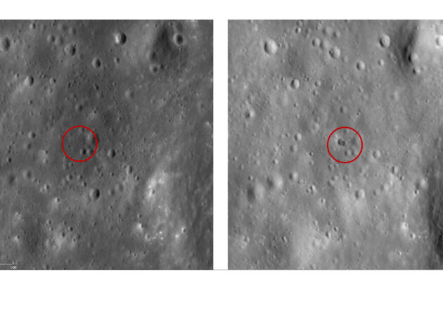 Aufnahmen der Mondoberfläche vor (l.) und nach dem Einschlag am 4. März 2022. Copyright: NASA