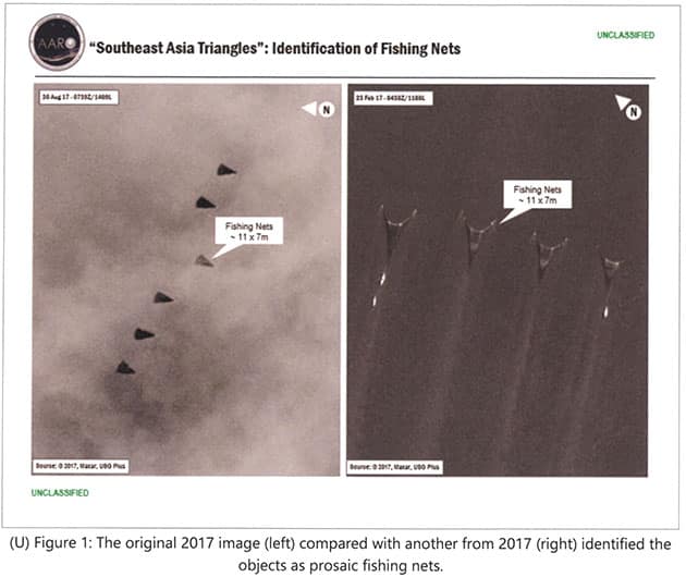 Sechs zunächst mysteriös erscheinende dunkle Dreiecke in Formation (l.) erweisen sich auf höher aufgelösteren Satellitenaufnahmen als Fischernetze (r.). Quelle: aaro.mil