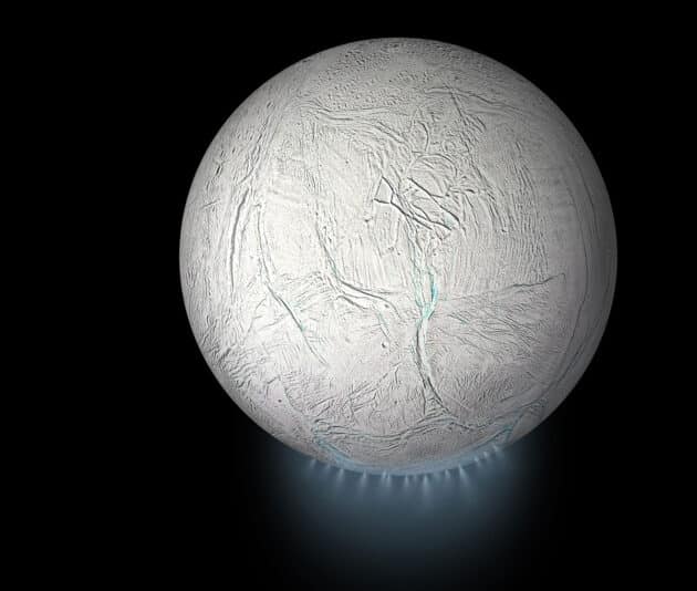 Künstlerische Darstellung der geysir-artigen Fontänen am Südpol des Saturnmondes Enceladus (Illu.).Copyright: NASA