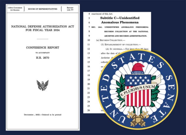 Titel des National Defense Authorization Act 2024 und Beispielsseite des darin eingebetteten „UAP Disclsoure Act“.  Copyright: US Senat