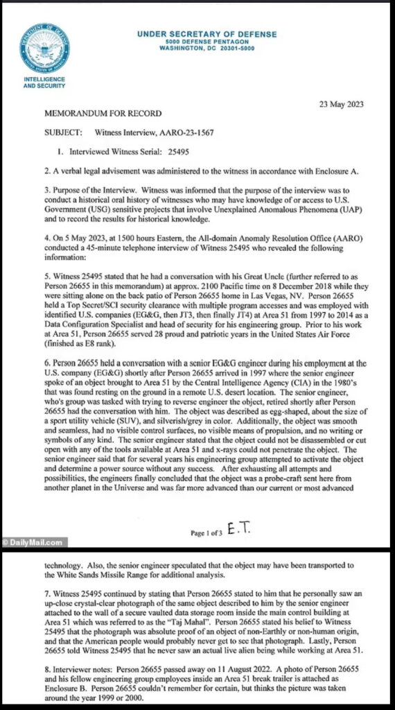 Auszüge aus dem 3-seitigen AARO-Memo zum Interview mit Taber.Quelle: DailyMail.co.uk