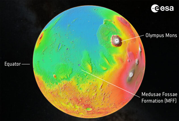 Die Position der Medussae-Fossae-Formation auf dem Mars-Globus. Copyright: ESA