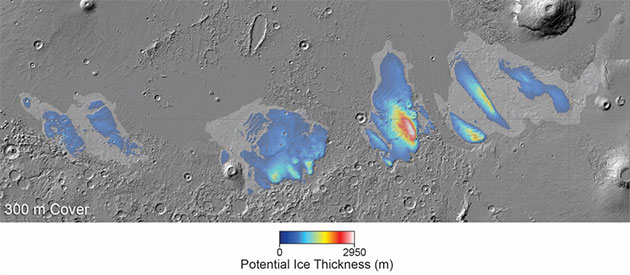 Diese Karte zeigt die unterschiedliche Dichte der Eisdicke unterhalb der Medussae-Fossae-Formation.Quelle: ESA