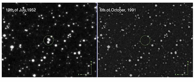 Abb. 2: Das linke Bild zeigt drei Transients am 19. Juli 1952 in der First Palomar Sky Survey. Das rechte Bild zeigt den selben Himmelsausschnitt aus der Second Palomar Sky Survey, rund 30 Jahre später. Quelle: Solano, Marcy et al., 2023.