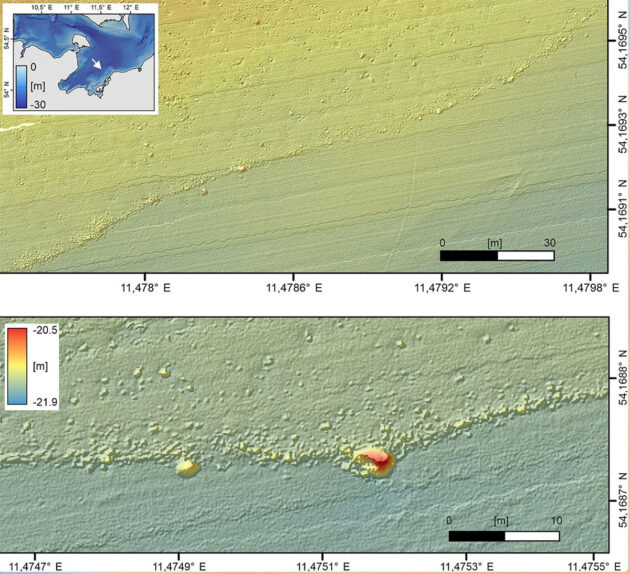 Hochaufgelöste bathymetrische Daten, die mit einem autonomen Unterwasserfahrzeug aufgenommen wurden, entschlüsseln die detaillierte Struktur des Steinwalls. Das untere Bild zeigt, wie sich die Ausrichtung des Walls bei dem größten, nicht tragbaren Stein ändert.Copyright/Quelle: Jacob Geersen, IOW / uni-kiel.de