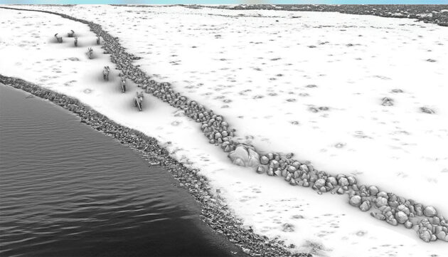 Grafische Rekonstruktion des Steinwalls als Treibjagdstruktur in einer spätglazialen/frühholozänen Landschaft – erstellt auf Grundlage der bathymetischen Daten und des Unterwasser-3D-Modells. Copyright/Quelle: Michal Grabowski / uni-kiel.de