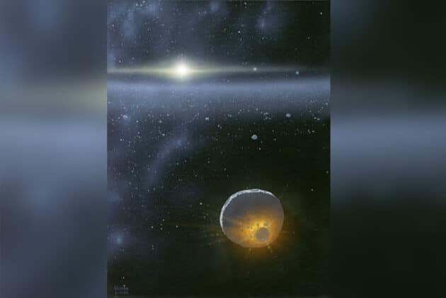 Künstlerische Darstellung der stauberzeigenden Kollision zweier Objekte im Kuipergürtel (Illu.) Copyright: Dan Durda, FIAAA