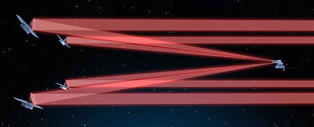 Konzept der fünf zu einem großen Instrument verbundenen LIFE-Satelliten (Illu.).Copyright/Quelle: ETH Zürich / LIFE Initiative)