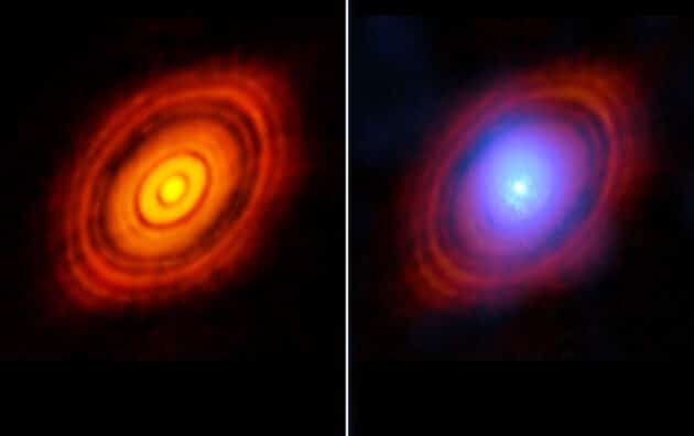 ALMA-Aufnahmen des jungen Sterns „HL Tauri“ samt seiner protoplanetaren Scheibe. Blaue Schattierungen (r.) zeigen das Vorhandensein von Wasserdampf innerhalb der Scheibe an.Copyright: ALMA (ESO/NAOJ/NRAO)/S. Facchini et al.