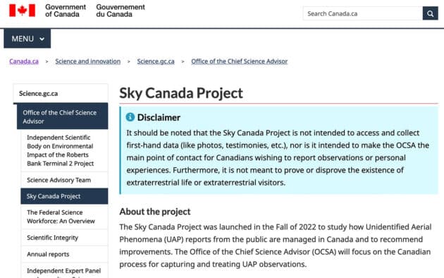 Screenshot der Webseite des „Sky Canada Project“ zur Untersuchung von UFO/UAP in Kanada. Copyright/Quelle: Government of Canada