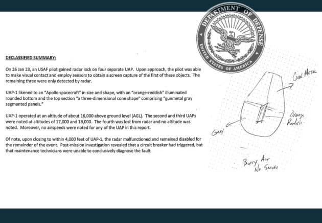 Auszüge aus den aktuell veröffentlichten Akten der US Air Force zum UFO-Vorfall auf der Eglin Air Force Base im Januar 2023.Copyright/Quelle: USAF / TheBlackVault.com