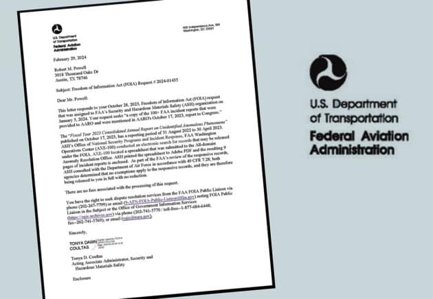 Das FOIA-Antwortschreiben der US-Fluguafsicht FAA an den UFO-Forscher Robert M. Powell. Quelle: Robert M. Powell