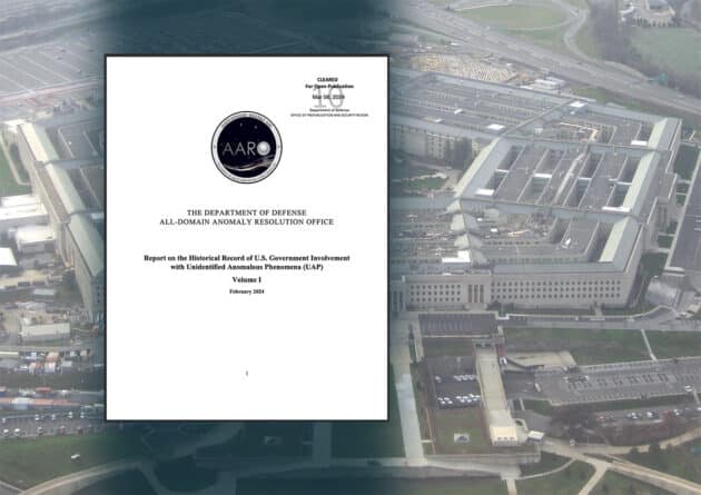 Symbolbild: Titel des neuen AARO-Berichts „Report on the Historical Record of U.S. Government Involvement with Unidentified Anomalous Phenomena (UAP) Volume I“ vor dem einer Ansicht des Pentagon. Copyright: David B. Gleason via WikimediaCommons (Pentagon) / US Dept. of Defense/AARO
