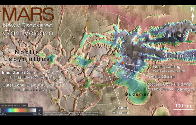 Direktansicht des „Noctis-Vulkans“ (Klicken Sie auf die Bildmitte, um zu einer vergrößerten Darstellung zu gelangen.)Copyright: Background images: NASA Mars Reconnaissance Orbiter (MRO) Context Camera (CTX) mosaic and Mars Global Surveyor (MGS) Mars Orbiter Laser Altimeter (MOLA) digital elevation model. Geologic interpretation & annotations by Pascal Lee & Sourabh Shubham 2024