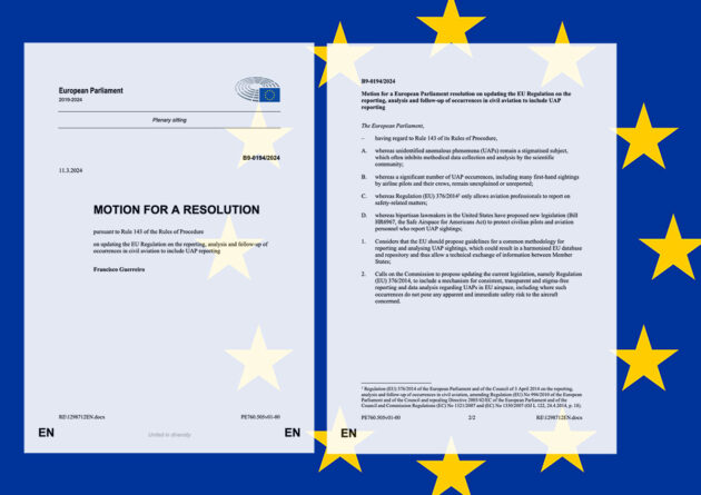 Der Entschließungsantrag zur Einrichtung einer EU-Untersuchungsstelle für UAP/UFOs. Copyright/Quelle: F. Guerreiro/Europarl.Europa.eu