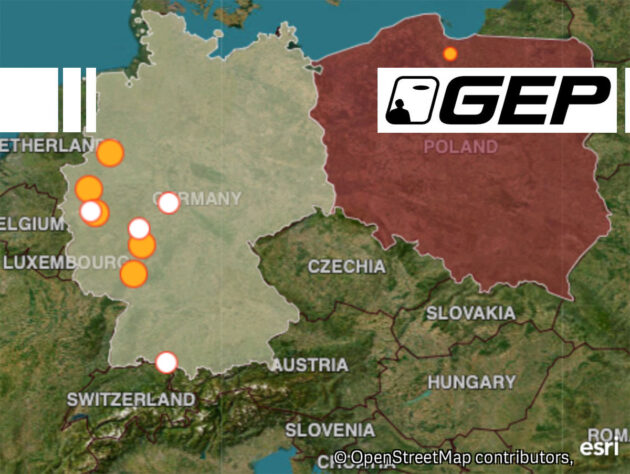 Geografische Übersicht der UFO-Sichtungsmeldungen aus Deutschland an die GEP im Februar 2024. Orangefarbene Punkte markieren bearbeitete, weiße unbearbeitete Meldungen. Copyright/Quelle: GEP, ufo-forschung.de