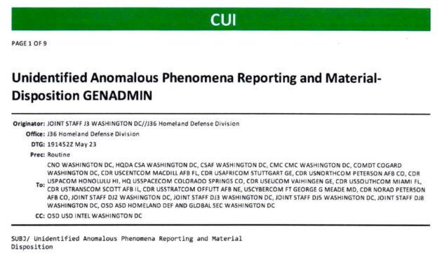 Briefkopf der GENADMIN-Anweisung des US-Generalstabs zum weltweiten Meldeverfahren und Materialüberstellung zu unidentifizierten anomalen Phänomenen. Copyright: US Gov.