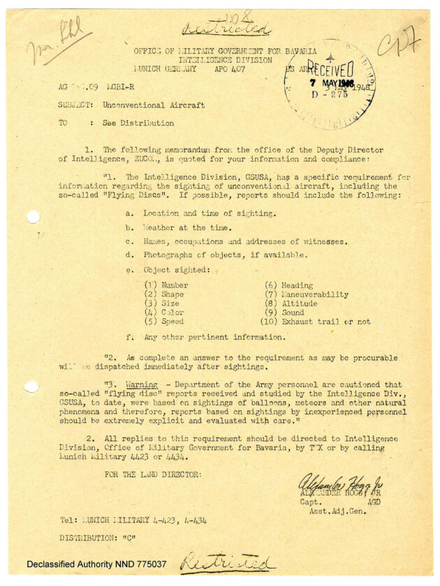 Das UFO-Memo der US-Militärregierung für Bayern von 1948.Quelle: National Archives (USA)