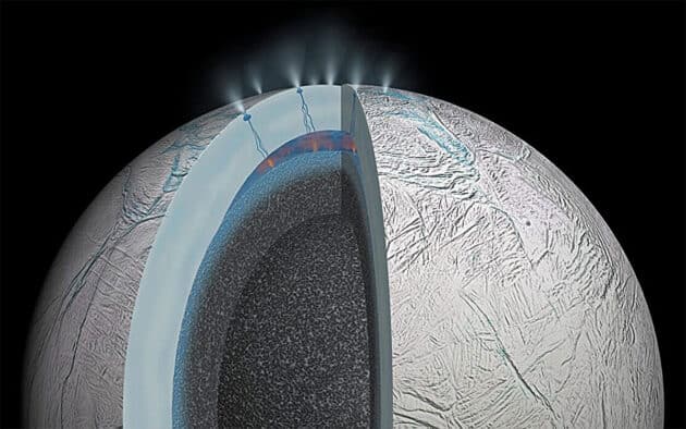 Künstlerische Darstellung der hydrothermalen Aktivität auf dem Saturnmond Enceladus (Illu.).Copyright/Quelle: NASA/JPL-Caltech