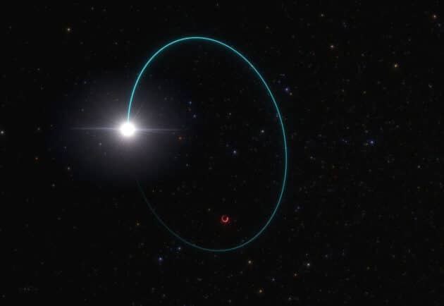 Künstlerische Darstellung des Systems mit dem massereichsten stellaren Schwarzen Loch mit der vorläufigen Bezeichnung „Gaia BH3“ in unserer Galaxie. Copyright: ESO/L. Calçada